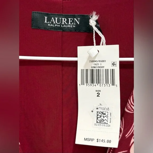 NWT Lauren Ralph Lauren Burgundy Floral Tie-Waist Midi Dress - Size 2 - Picture 4 of 6